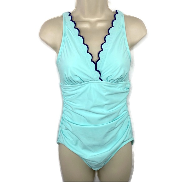 Crown & Ivy Double Scallop One Piece Swimsuit Aqua and Navy Medium - Picture 2 of 7